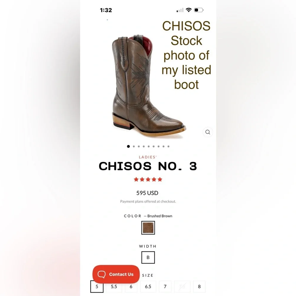 Chisos No. 3 Western Boots Women’s 8 Brushed Brown Leather | Retail $595 - Picture 11 of 12